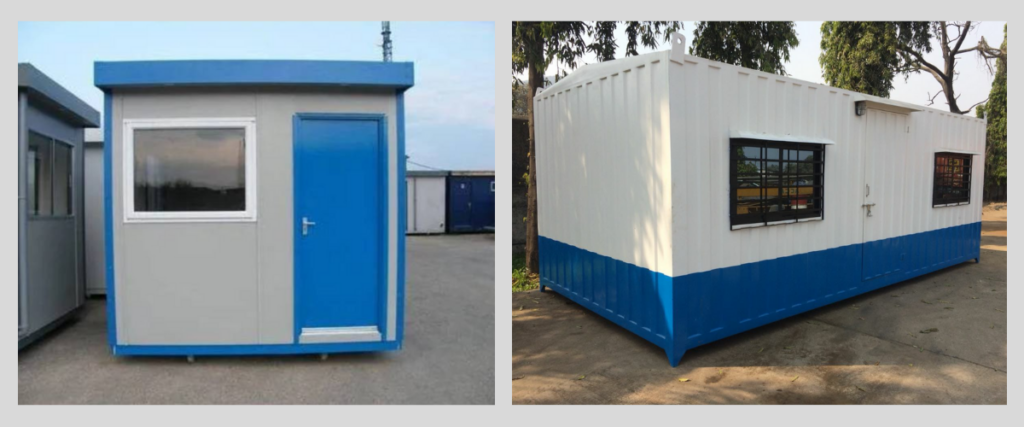 Portable security guard cabins with strong metal structure, window visibility, and secure door, suitable for entry gate security and site monitoring.